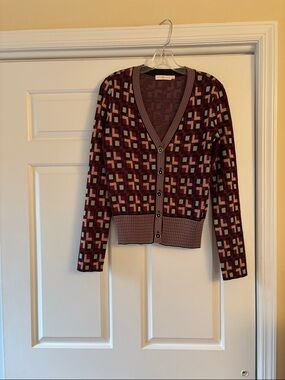 Tory Burch Burgundy Multi Geometric V-Neck Cardigan
